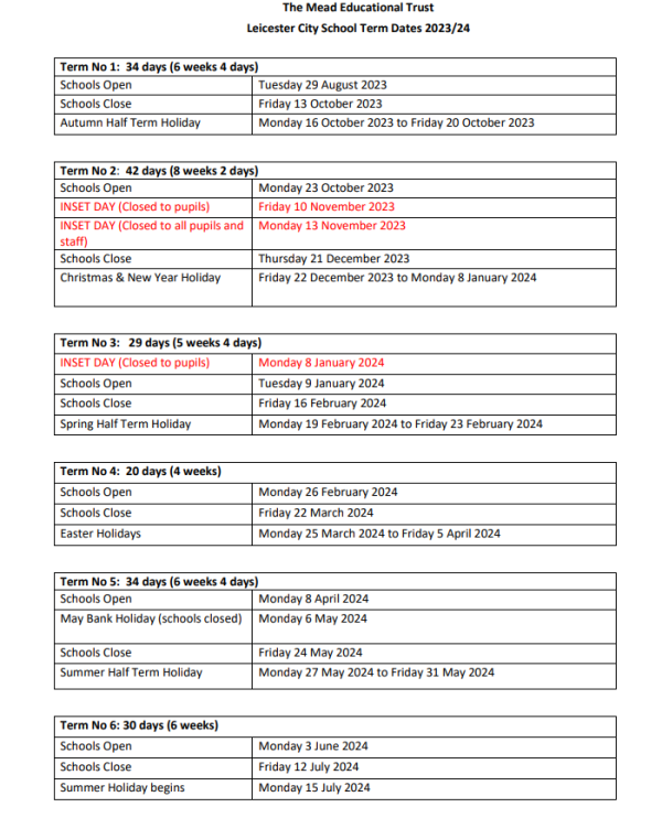 Term Dates Kestrel Mead Primary Academy TMET Leicester MAT